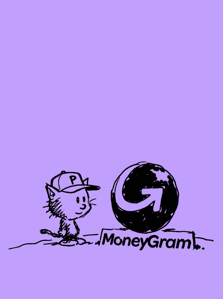 Sketch of a cat in a P cap standing beside the MoneyGram globe logo — getting paid from MoneyGram with Pocket Money.