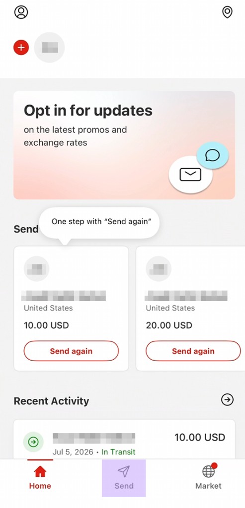 MoneyGram home screen with the Send tab highlighted at the bottom