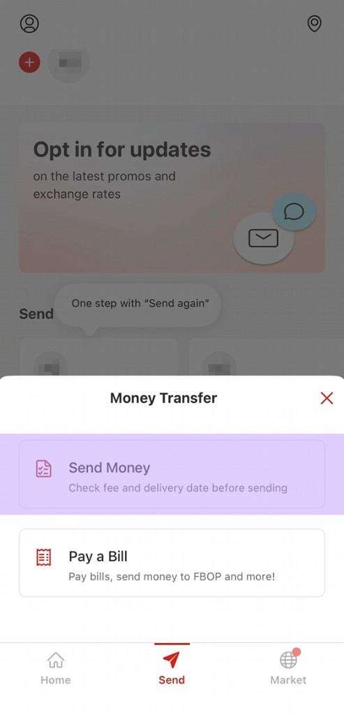 MoneyGram Money Transfer sheet with the Send Money option highlighted