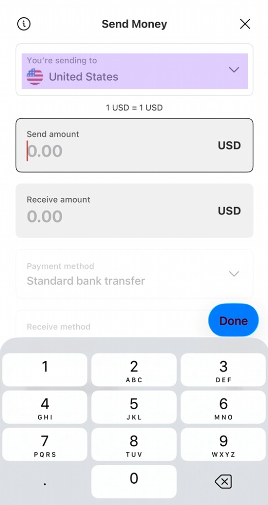 MoneyGram Send Money screen sending to United States with the amount keypad open
