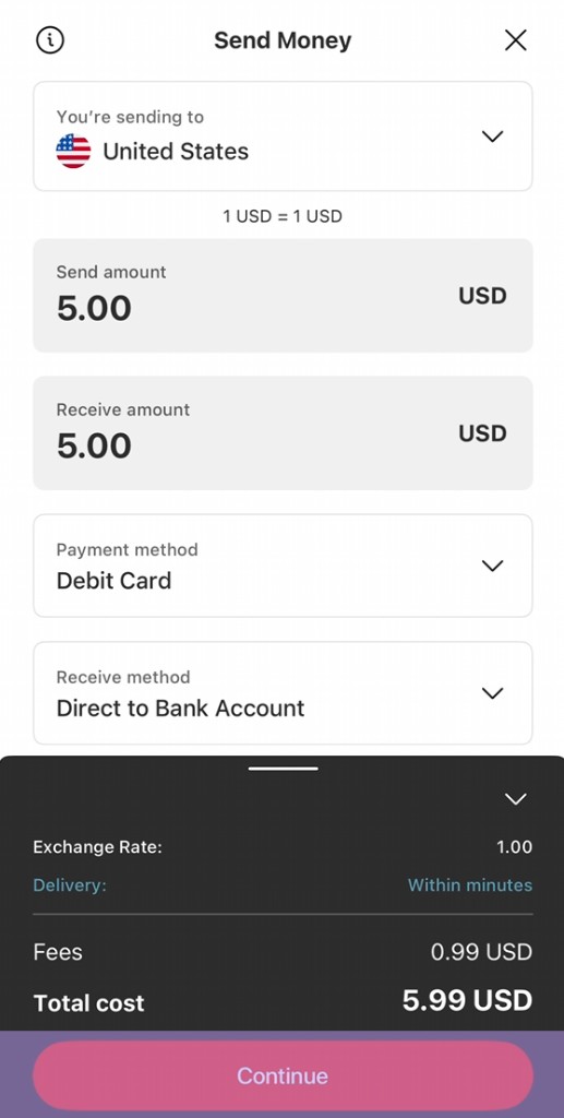 MoneyGram Send Money screen with Debit Card payment and Direct to Bank Account receive method selected