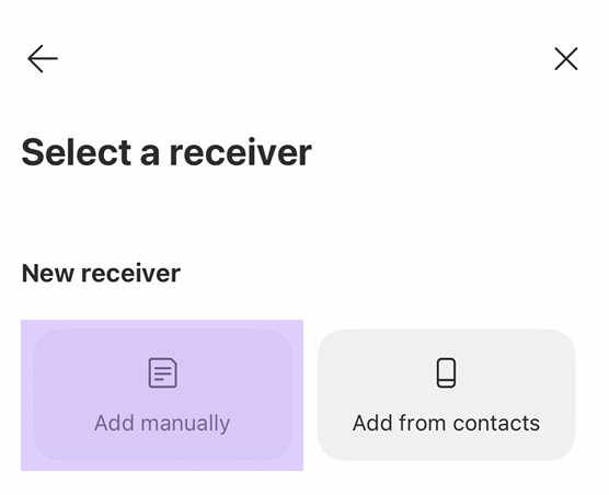 MoneyGram Select a receiver screen with the Add manually option highlighted