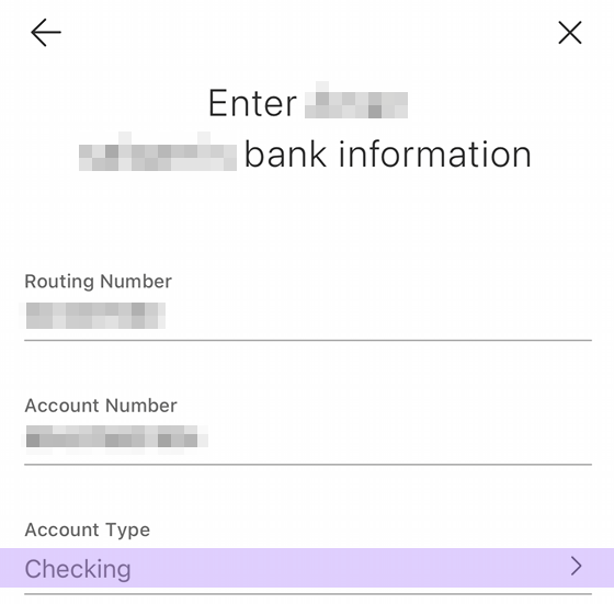 MoneyGram Enter bank information form with Routing Number, Account Number, and Checking account type