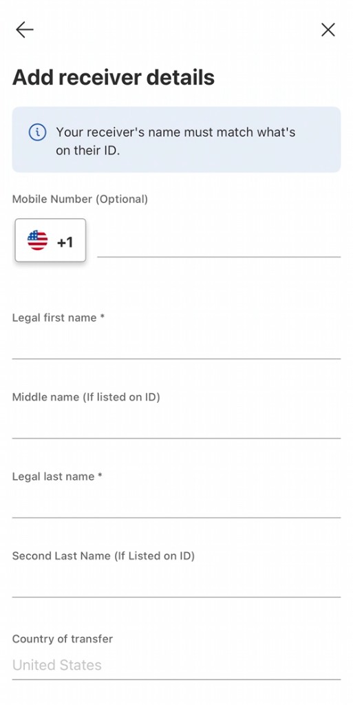 MoneyGram Add receiver details form with legal first name, last name, and country of transfer