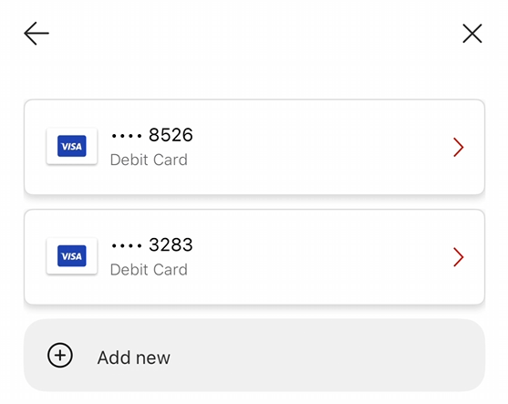 MoneyGram payment method screen listing saved Visa debit cards and an Add new option