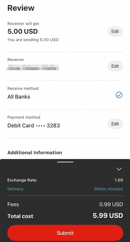 MoneyGram Review screen showing receiver, All Banks receive method, fees, and total cost with a Submit button