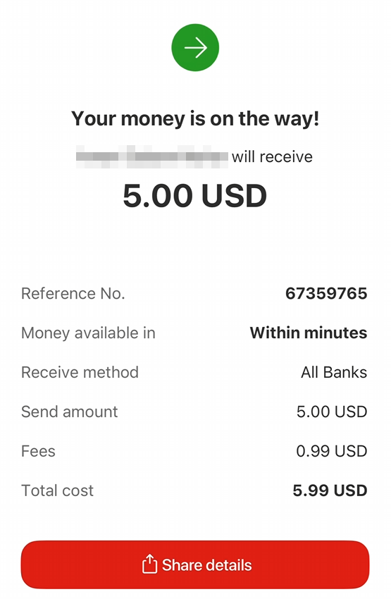 MoneyGram confirmation screen showing Your money is on the way with a reference number
