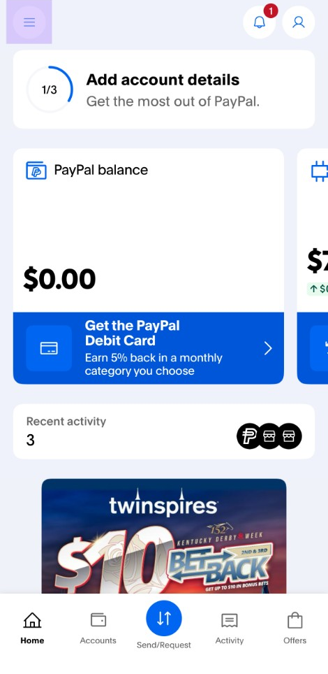 PayPal homepage on iOS with the hamburger menu in the top left