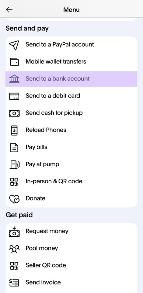 PayPal Send and pay menu with the Send to a bank account option highlighted