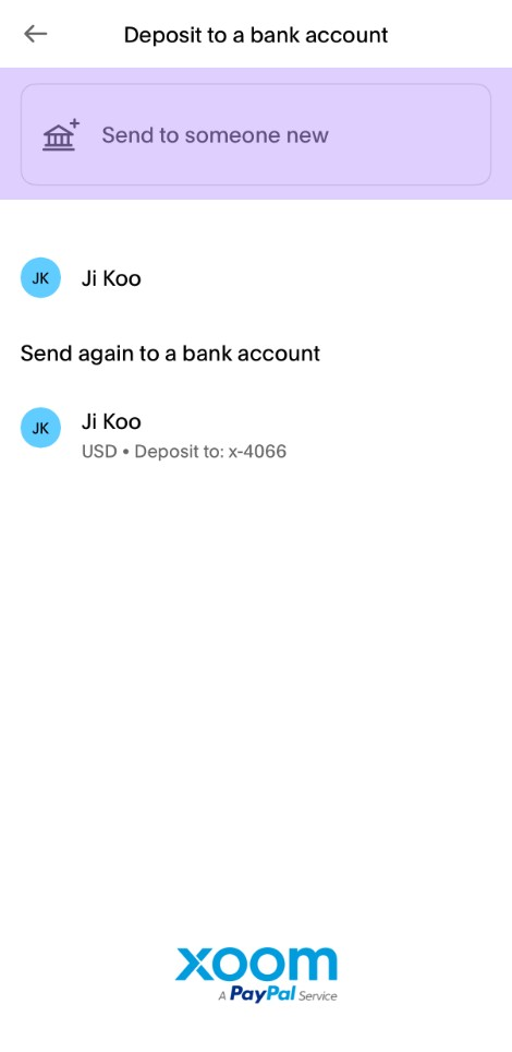 PayPal Deposit to a bank account screen with the Send to someone new option highlighted