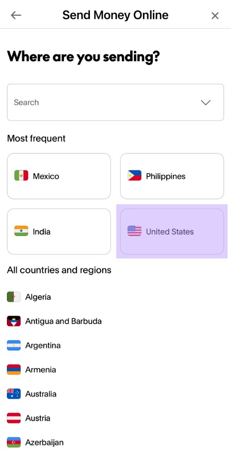 PayPal Send Money Online country selector with United States highlighted