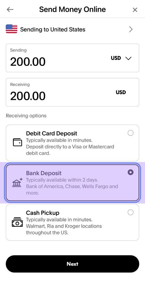 PayPal Send Money Online receiving options with Bank Deposit selected