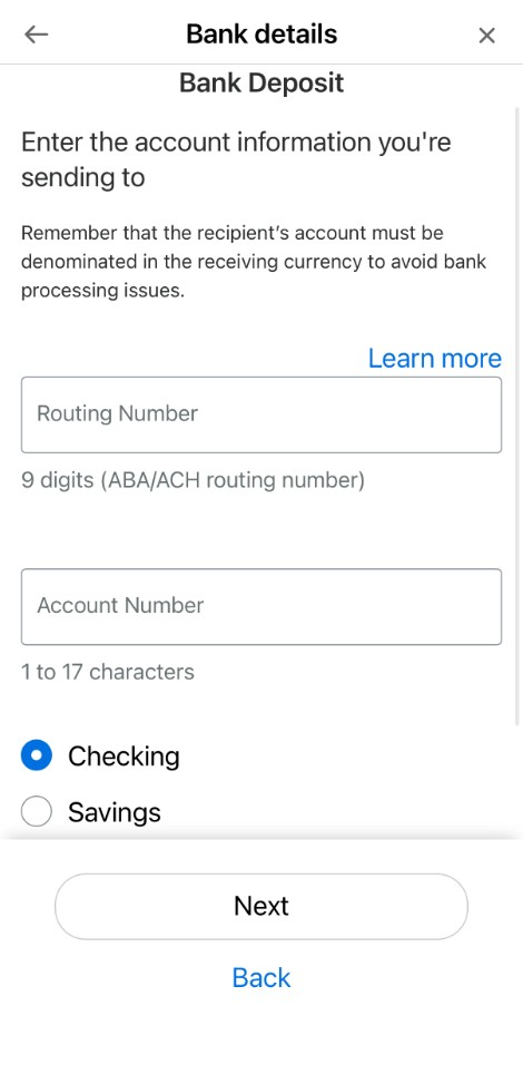 PayPal Bank Deposit form with Routing Number, Account Number, and Checking selected