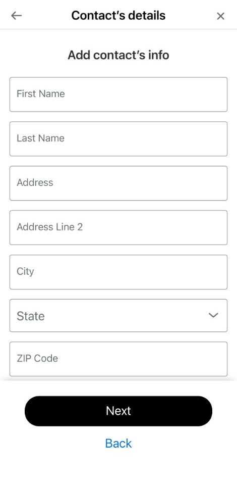 PayPal Contact's details form with name, address, city, state, and ZIP code fields
