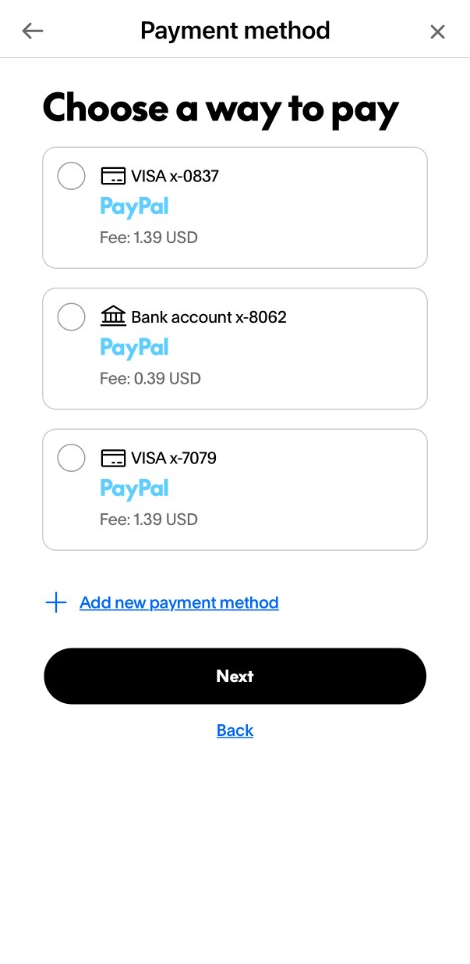 PayPal Choose a way to pay screen with Visa and bank account options