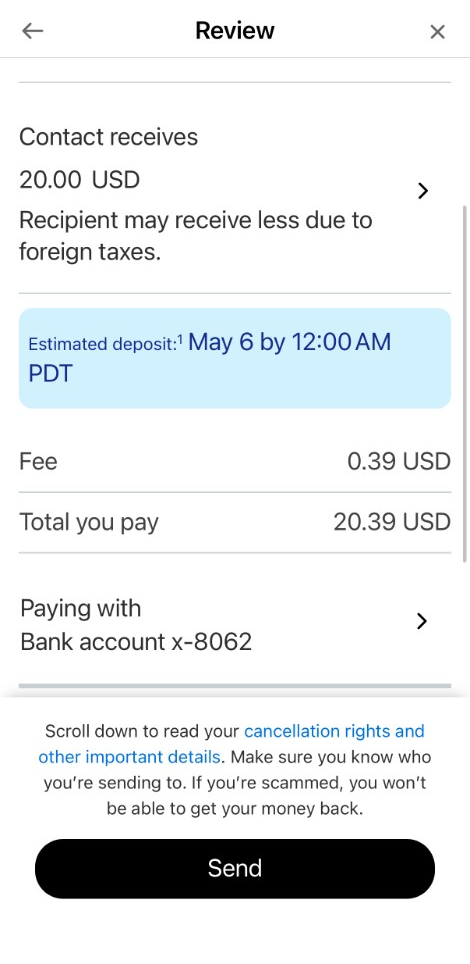 PayPal Review screen scrolled to show fee, total, and paying with bank account