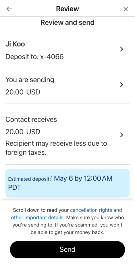 PayPal Review and send screen showing recipient, sending amount, and estimated deposit date