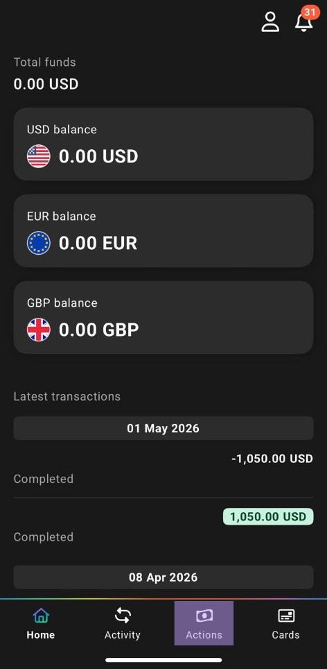 Payoneer home screen showing USD, EUR, and GBP balances with the Actions tab highlighted at the bottom