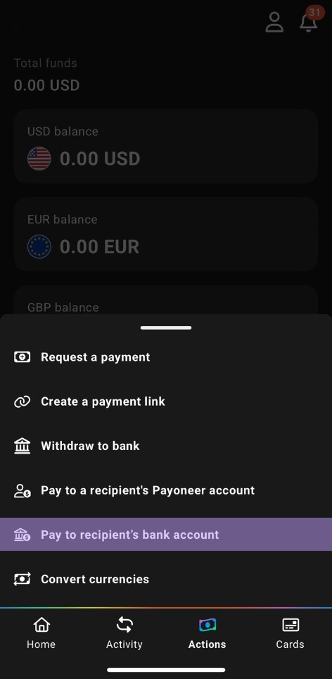 Payoneer Actions menu with the Pay to recipient's bank account option highlighted