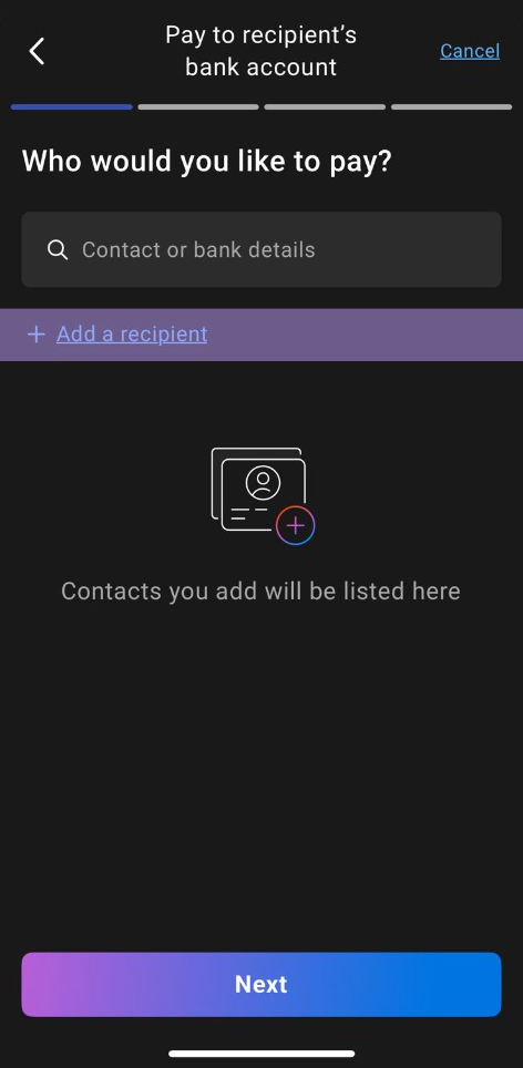 Payoneer Pay to recipient's bank account screen with the Add a recipient option highlighted