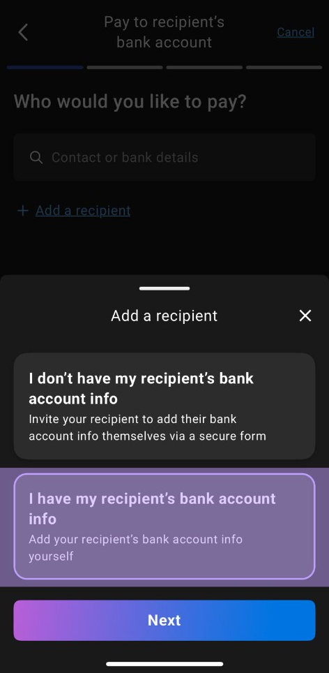 Payoneer Add a recipient sheet with I have my recipient's bank account info option selected