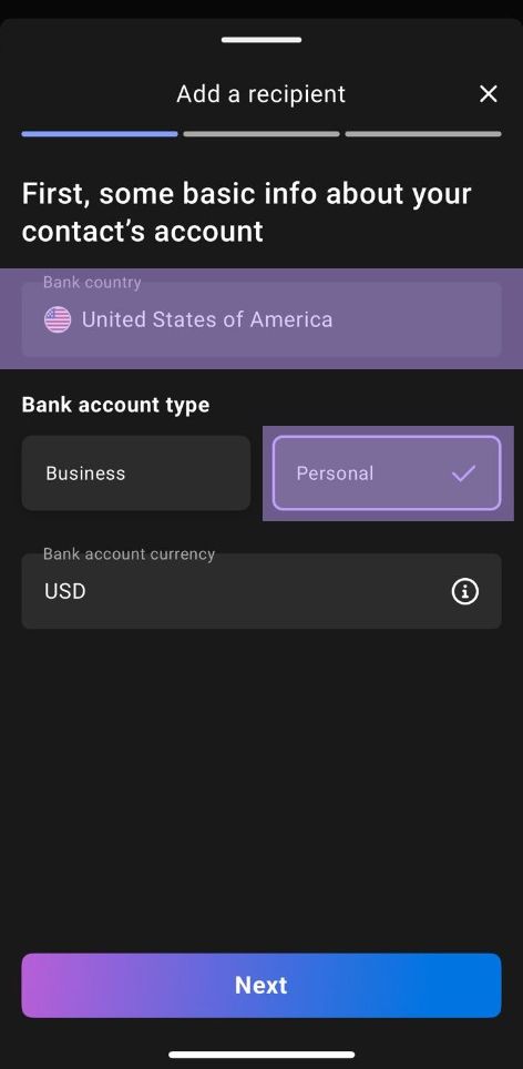 Payoneer Add a recipient form with Bank country United States, Personal account type, and USD currency selected
