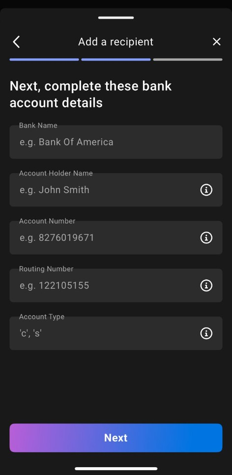 Payoneer Complete bank account details form with Bank Name, Account Holder Name, Account Number, Routing Number, and Account Type fields