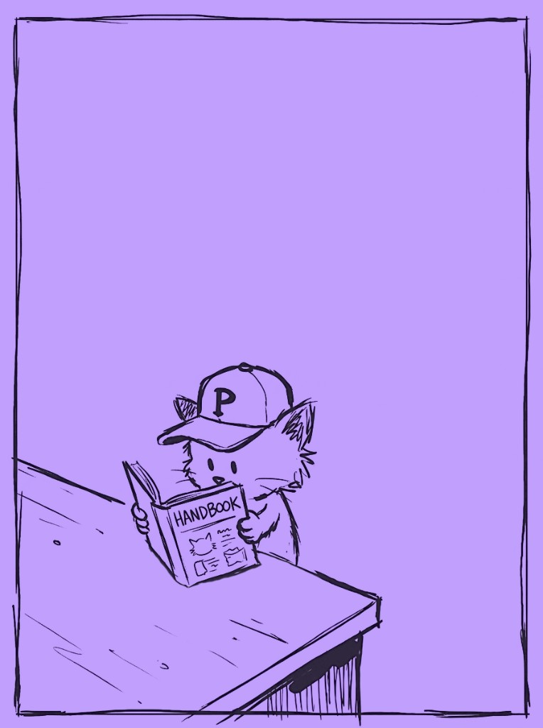 Pocket Money mascot in a Pocket cap reading the Pocket Handbook.