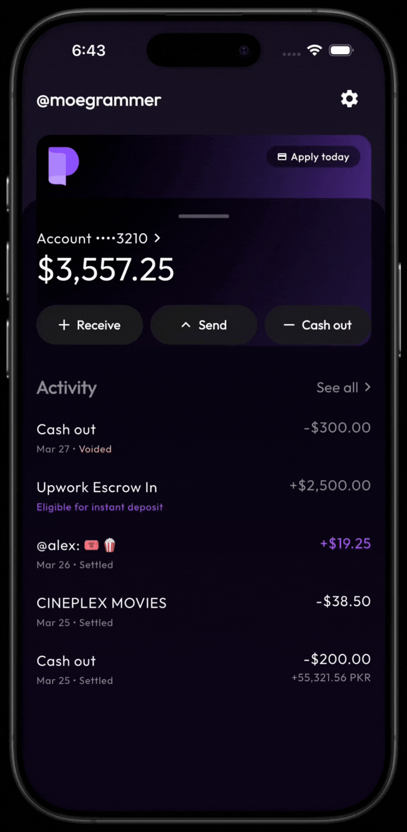 Pocket Money app showing USD account number, routing number, and checking account type