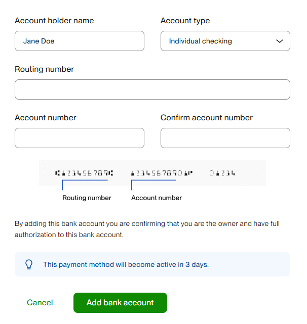 Upwork Add bank account form with account holder name, routing number, account number, and account type fields