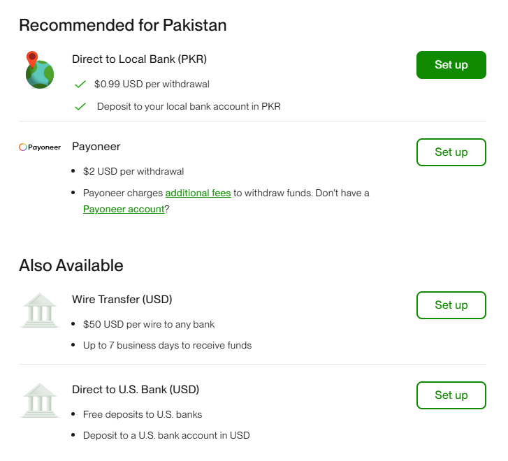 Upwork withdrawal methods list: recommended options and Direct to U.S. Bank (USD) under Also Available