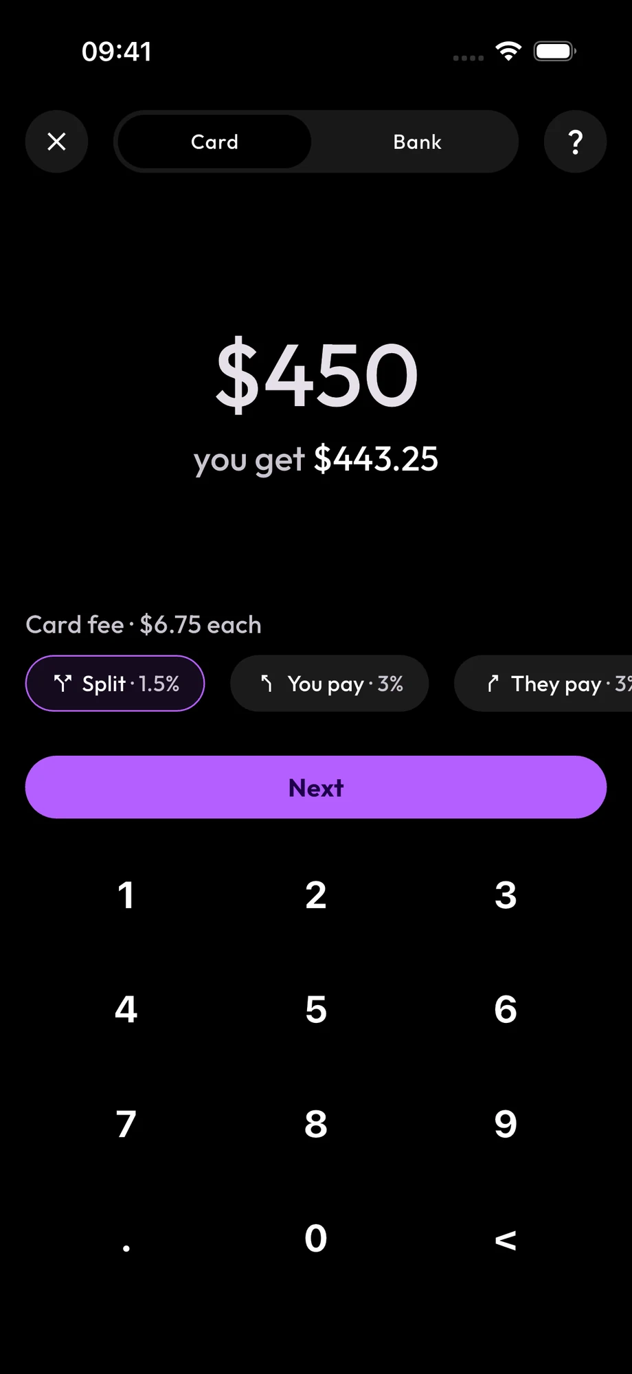 The Pocket app asking for $450 by card, with the fee split between payer and payee