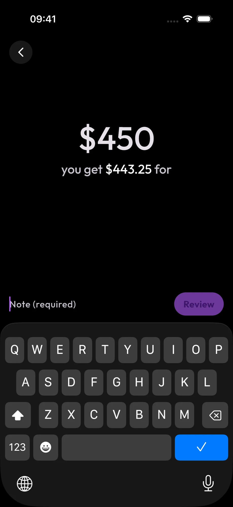 The Pocket app asking for a note describing what the $450 request is for