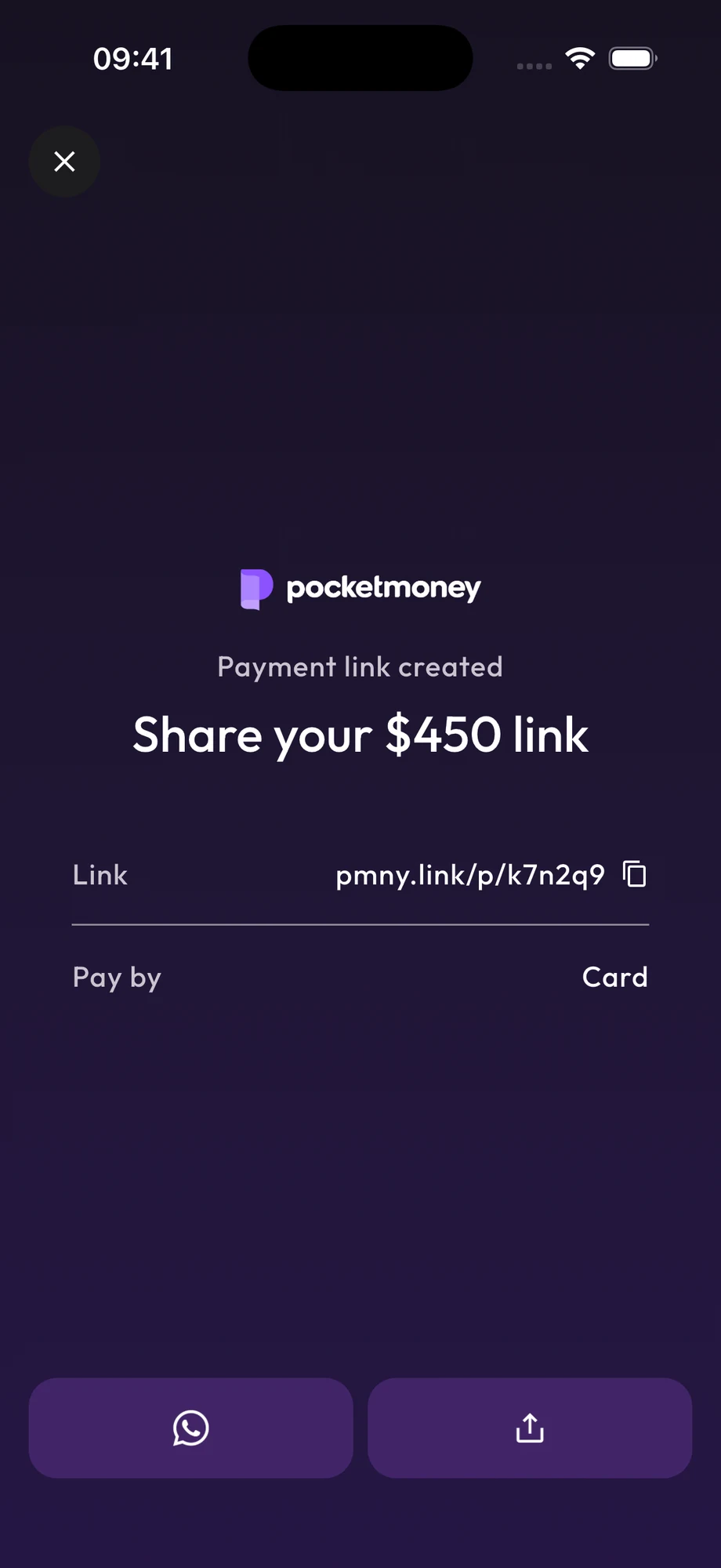 A created $450 payment link in the Pocket app, ready to share on WhatsApp or anywhere else