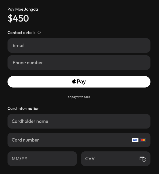 The Pocket checkout page: pay Moe Jangda $450 with Apple Pay or a card, with no sign up