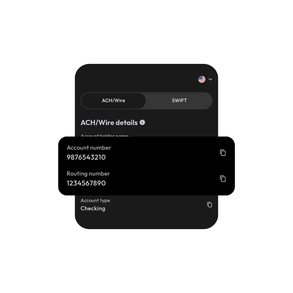 Pocket account details showing the account holder name, account number and routing number