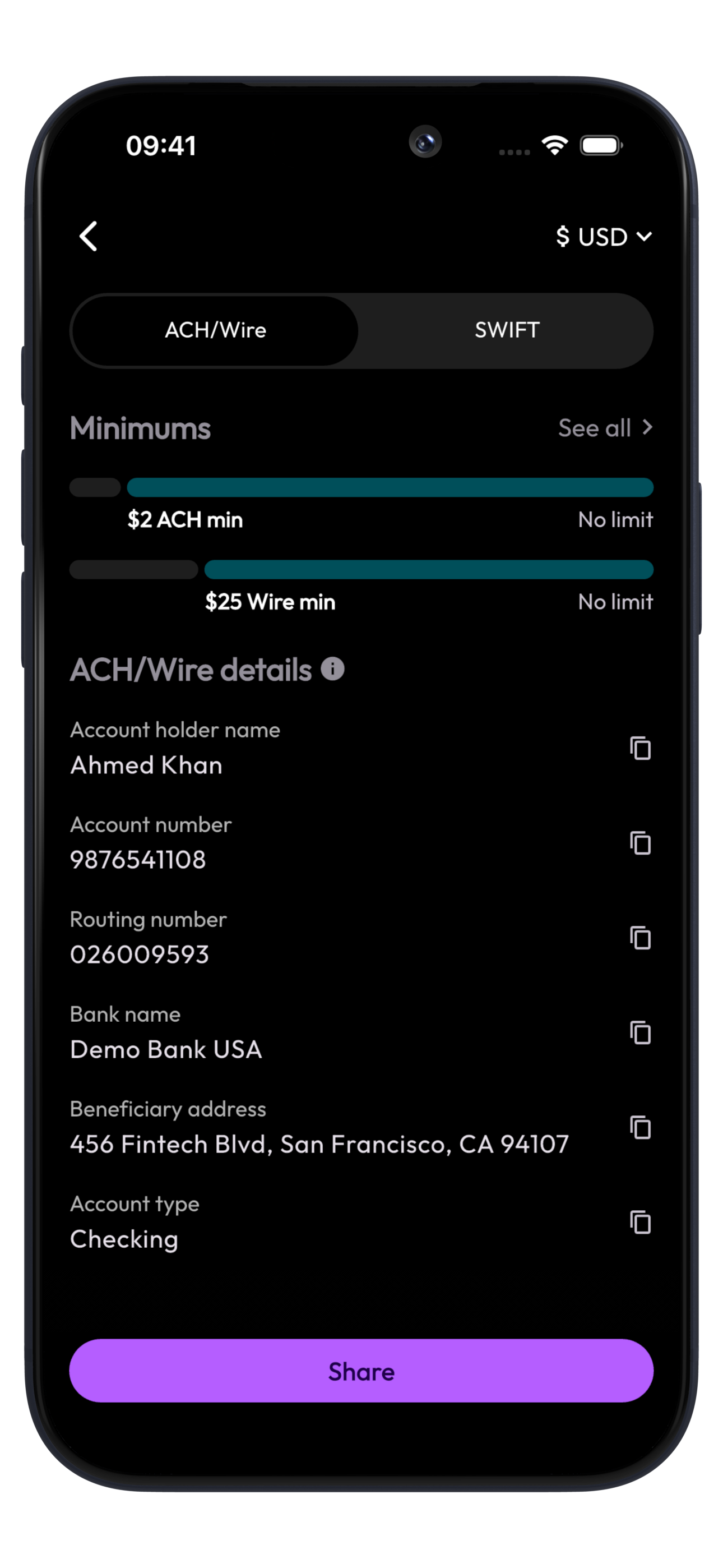 Pocket Money US Dollar account details